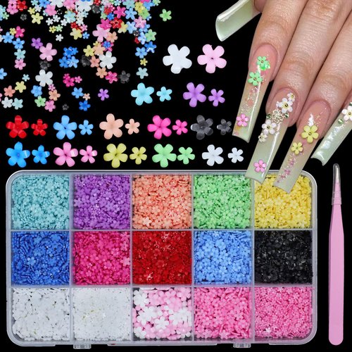 3D Color Tiny Flowers Charms for Nails, Acrylic Spring Blossom Tiny Flower Nail Art Charms with Metal Golden Caviar Beads for Nail Art DIY Manicure Jewel Accessories