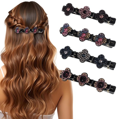 COMNICO Sparkling Crystal Stone Braided Hair Clips, 4Pcs Four-Leaf Clover Duckbill Clips Shiny Rhinestone Hairpins Hair Accessories for Women and Girls Styling Sectioning