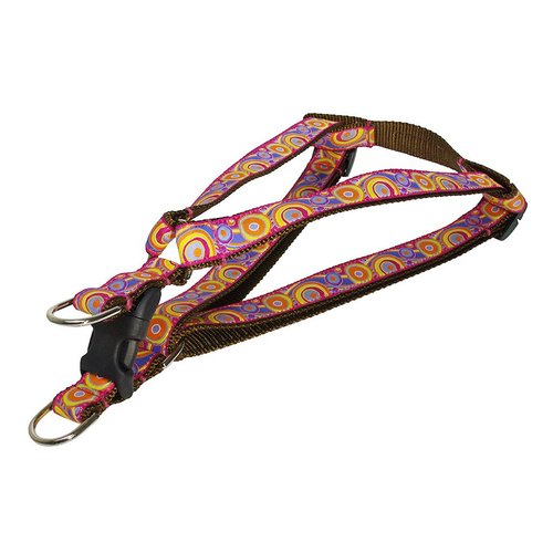 Small Pink/Orange Circles and Waves Dog Harness: 5/8" Wide, Adjusts 15-21" - Made in USA.