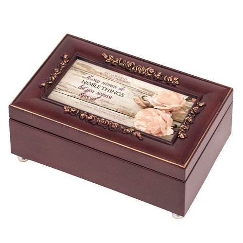 Cottage Garden Noble Woman Embossed Petite Rosewood Jewelry Music Box Plays Canon in D