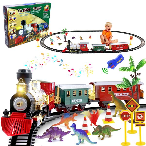 Electric Train Set-Remote Control Train Toy for Kids Ages 4-8-Christmas Train Toy w/Sounds & Lights,Railway Kits Passenger Coach & Tracks Game,Gift for Boys Girls 3 4 5 6 7 8+ Year Old Kids