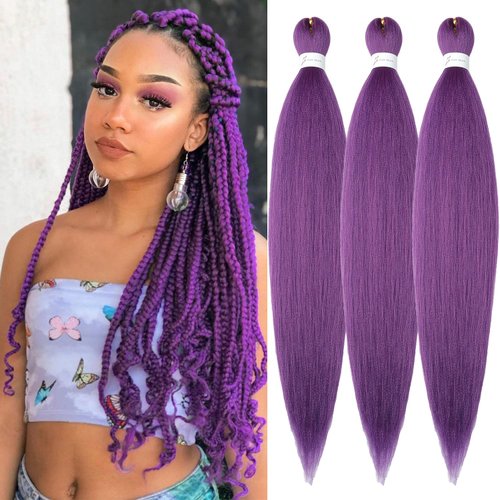 Purple Braiding Hair Pre Stretched 32inch 3 Packs Braiding hair Extensions Synthetic Crochet Braids, Hot Water Setting Professional Soft Yaki Texture. (32inch(3Packs),Lavender#)