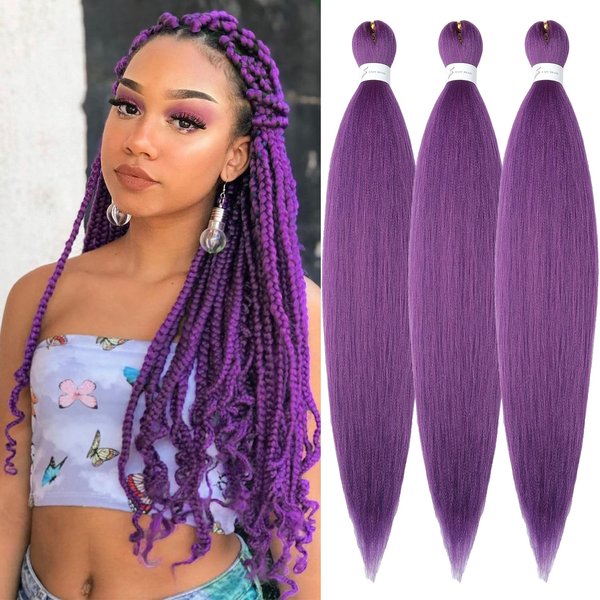 Purple Braiding Hair Pre Stretched 32inch 3 Packs Braiding hair Extensions Synthetic Crochet Braids, Hot Water Setting Professional Soft Yaki Texture. (32inch(3Packs),Lavender#)