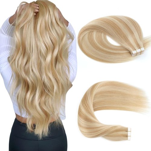 Sassina Tape in Human Hair Extensions Invisible Remy Hair Double Sided Skin Wefts Mixed Color Two Tone Dirty Brown Mixed to Platinum Ash Blonde Glue in Hair #P12/60 16 Inch