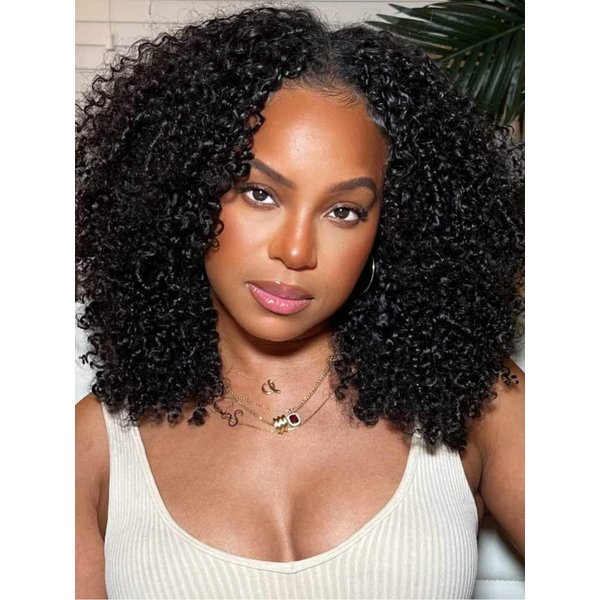 Beauty Forever V Part Wig Kinky Curly Human Hair No Leave Out Glueless Upgraded U Part Wigs for Women Clip In Half Wig V Shape Wigs None Lace Front Wigs Natural Color 150% Density 16inch