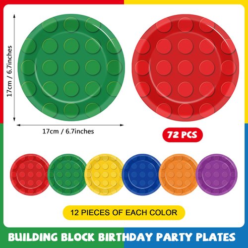 Naozinebi 72Pcs Building Block Party Plates Building Blocks Birthday Party Supplies Colorful Dinnerware Building Bricks Paper Plates Disposable Plate for Kids Boys Girls baby shower favors Decorations