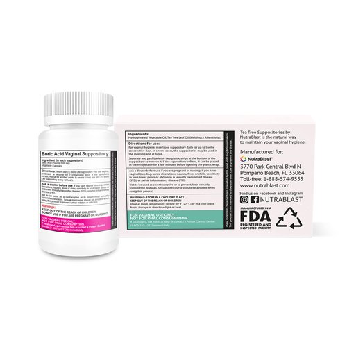 NutraBlast Boric Acid Vaginal Suppositories 600mg (30 Count) w/Tea Tree Oil Suppositories (12 Count) | All Natural Intimate Deodorant for Women | Restore Feminine pH Balance