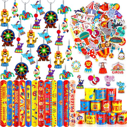 Rotatingpals 196 Pcs Circus Party Favors Include Circus Slap Bracelets Cute Circus Stickers Clown Animal Keychains Carnival Party Favors for Circus Carnival Birthday Party Supplies Classroom Rewards