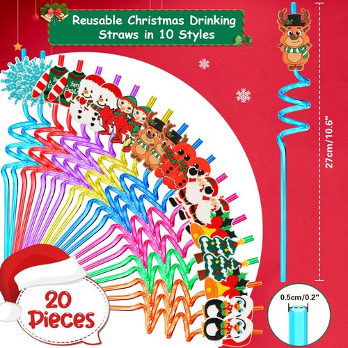 JANYUN Christmas Straws, 20 Pcs Reusable Plastic Straws Christmas Party Favors for Kids Cute Santa Snowflakes Reindeer Drinking Straws Xmas Holiday Party Supplies（10 Styles）