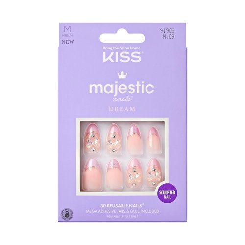 KISS Majestic, Press-On Nails, Nail 2G Glue included, Maestro', Light Pink, Medium Size, Almond Shape, Includes 30 Nails, 2 Manicure Stick, 1 Mini File, 2 Prep Pad, 2 Adhesive Tabs, Instruction Sheet