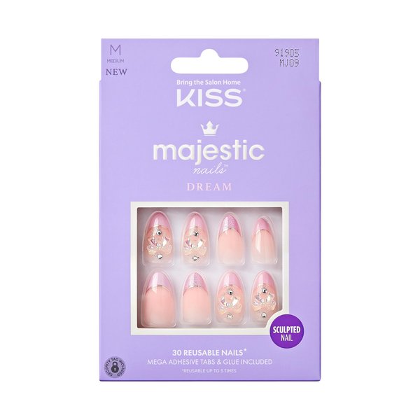 KISS Majestic, Press-On Nails, Nail 2G Glue included, Maestro', Light Pink, Medium Size, Almond Shape, Includes 30 Nails, 2 Manicure Stick, 1 Mini File, 2 Prep Pad, 2 Adhesive Tabs, Instruction Sheet