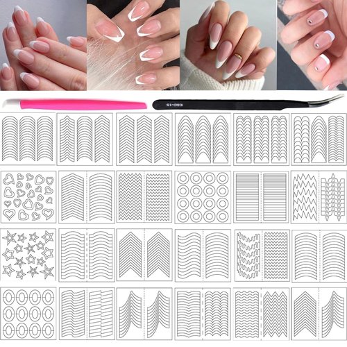 3000 Pieces French Manicure Nail Art Stickers 72 Sheets 30 Designs Self-Adhesive Nail Tips Guides for DIY Tools with Tweezers and Nail Pusher Rubber for Girls Women Manicure