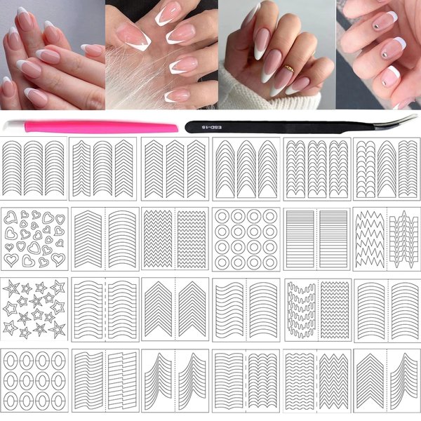 3000 Pieces French Manicure Nail Art Stickers 72 Sheets 30 Designs Self-Adhesive Nail Tips Guides for DIY Tools with Tweezers and Nail Pusher Rubber for Girls Women Manicure