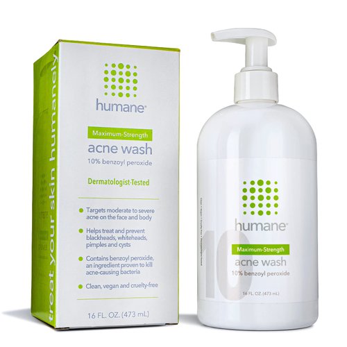 humane Maximum-Strength Acne Wash - 10% Benzoyl Peroxide Acne Treatment for Face, Skin, Butt, Back and Body - 16 Fl Oz - Dermatologist-Tested Non-Foaming Cleanser - Vegan, Cruelty-Free