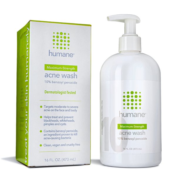 humane Maximum-Strength Acne Wash - 10% Benzoyl Peroxide Acne Treatment for Face, Skin, Butt, Back and Body - 16 Fl Oz - Dermatologist-Tested Non-Foaming Cleanser - Vegan, Cruelty-Free