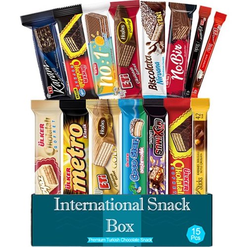 International Snack Box, Premium 15 Full-Size Chocolate Bars and Snack Box, Exotic Turkish Snacks, Gift box welcome box