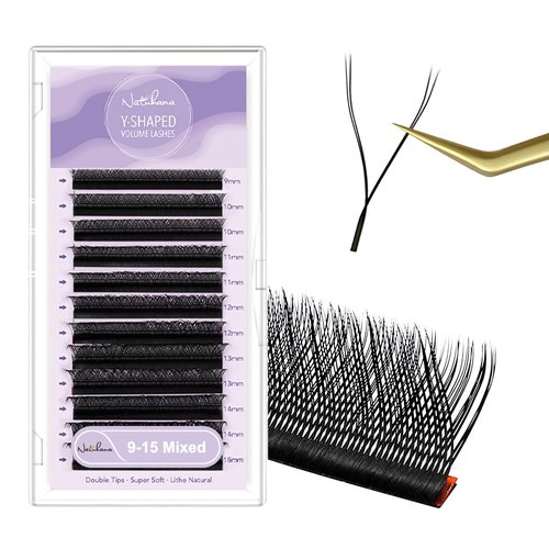 NATUHANA YY Eyelash Extension 0.05mm D Curl 9-15mm Mixed Makeup Tray Lash Supplies Premade Fans Y Shape Volume Lash 12Raws/Case Premium Faux Mink False Lash Extensions (9-15 MIX, black ;0.05 D)