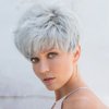 Creamily Short Grey Wigs Pixie Cut Wigs with White Bangs Straight Layered Synthetic Hair Placement Wigs for Women Halloween Costume Wigs (Grey Mixed White with White Bangs)