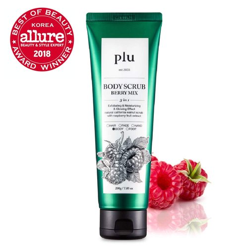 plu Walnut Body Scrub, 3-in-1 Total Care Solution, Exfoliate Moisturize and Glow, 2019 USA Version [Berry Mix/200g]