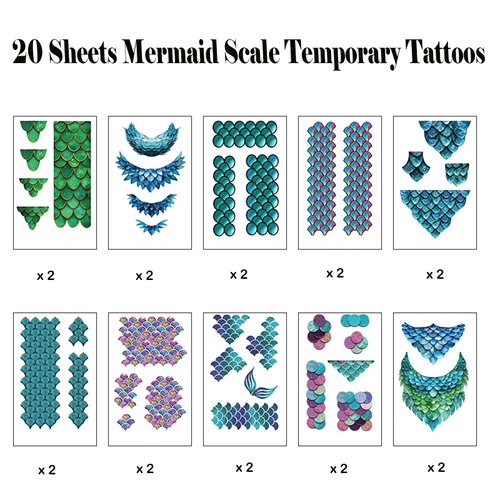 Qpout Mermaid Scale Temporary Tattoos Stickers for Kids Girls Women, 20 Sheets Mermaid Themed Tattoos for Face Hand Body, Mermaid Makeup Accessories Mermaid Birthday Party Favors