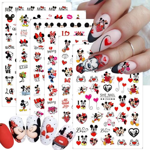 6 Sheets Valentine's Day Nail Art Stickers 3D Cute Cartoon Nail Decals Self Adhesive Love Heart Red Lips Design Nail Stickers Romantic Valentines Nail Decorations Supplies for Women Girls