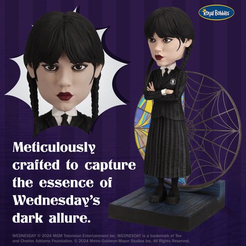 Royal Bobbles Wednesday Addams with Nevermore Academy Stained Glass Window – 6.75 Inches Tall – Collectible Bobblehead Statue