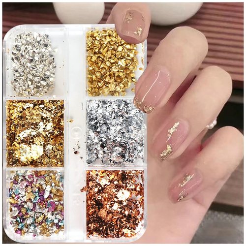 6 Grids Metallic Nail Art Foil Flakes,Gold Nail Glitter Flakes Holographic Nail Glitter Sequins 3D Sparkly Aluminum Foil Flake Gold Silver Nail Foil Glitter Flakes Nail Art Supplies for Women Girls