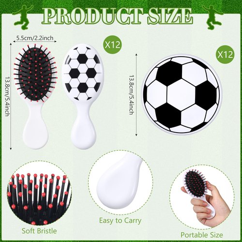 SiliFine 24 Pcs Soccer Gifts for Team Bulk Include 12 Pcs Soccer Hair Brush Air Cushion Hair Brush and 12 Pcs 2.7 Inch Soccer Compact Mirror Round Makeup Mirror for Team Girl Player