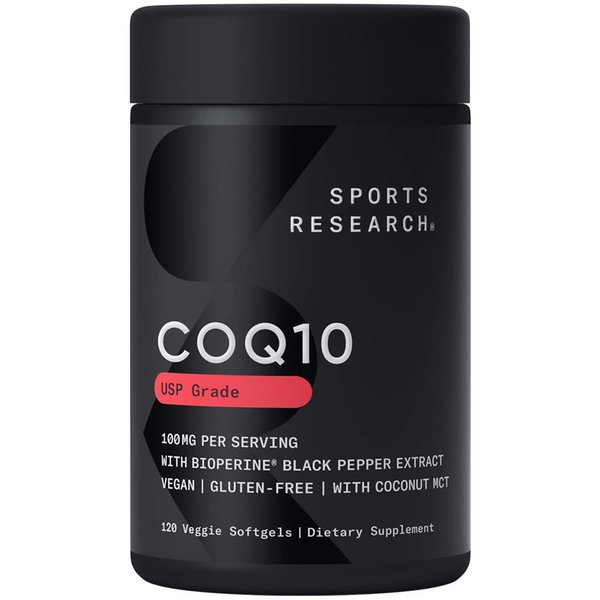 Sports Research CoQ10 (100mg) Enhanced w/Coconut Oil & Bioperine (Black Pepper) for Better Absorption | Vegan Certified, Non-GMO Verified (120 Veggie Softgels)