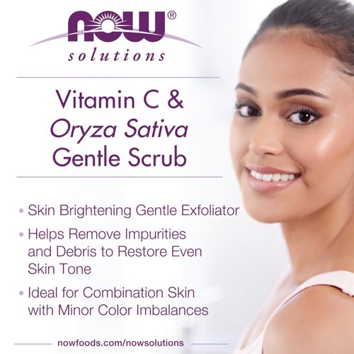 NOW Foods Solutions, Vitamin C and Oryza Sativa Gentle Scrub, Brightening System, Gentle Mild Exfoliation for Daily Use 4-Ounce
