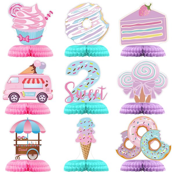 Hotop 9 Pcs Donut Two Sweet Birthday Party Decorations Table Honeycomb Centerpieces Donut Table Topper Doughnut Birthday Sign Decor Birthday Theme Table Party Supplies for Girls Baby Shower