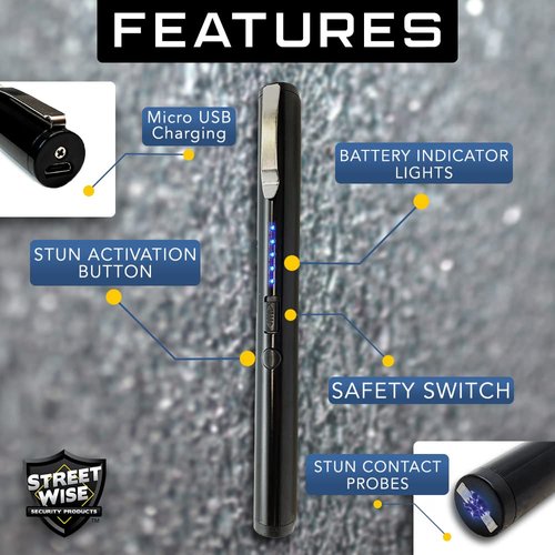 Streetwise Pain Pen 25,000,000 Stun Gun for Self Defense - Micro USB Rechargeable with Battery Charge Indicator Light - Black