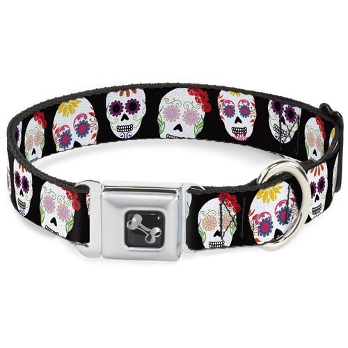 Dog Collar Seatbelt Buckle Staggered Sugar Skulls Black Multi Color 16 to 23 Inches 1.5 Inch Wide