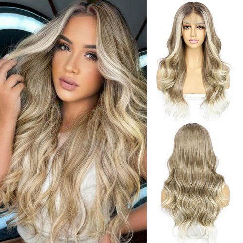 SAPPHIREWIGS 13x4 Synthetic Lace Front Wigs Highlight Brown Wig with Blonde Tips Body Wavy Wig Heat Resistant Fiber Wig for Daily Party Use 20 Inch