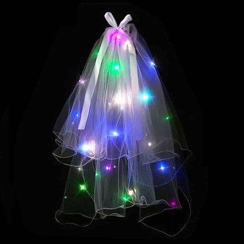 JONKY 2 Tier Led Bride Wedding Veil White Light up Pencil Edge Bridal Veils with Hair Clip Glowing Party Club Statement Headpieces for Women(Multi-color)