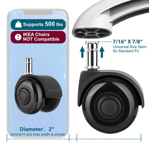 TICONN Office Chair Caster Wheels 2" Dual Wheels Set of 5 for Tile and Hardwood Floors, Universal Fit for Most Chairs (Black)