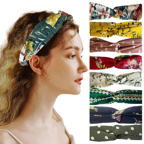 changyexi Hair Headbands for Women Non Slip Stylish Colorful Stretch Wrap Headbands Soft Yoga Headband Workout Accessory Simple Design Everyday Use Hairwear (Flowers (chiffon-8pcs), One size)