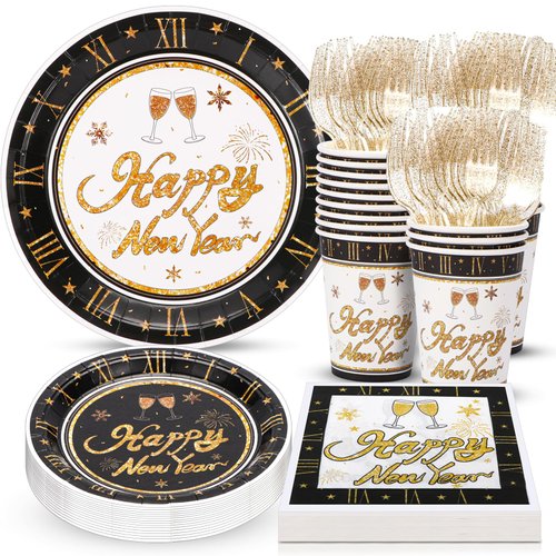 Atonofun Happy New Year Party Supplies, New Year Party Plates, Cups, Napkins and Cutlery, New Year Party Decorations for New Years Eve Party Serves 24