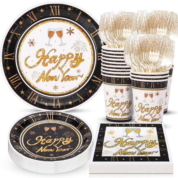 Atonofun Happy New Year Party Supplies, New Year Party Plates, Cups, Napkins and Cutlery, New Year Party Decorations for New Years Eve Party Serves 24