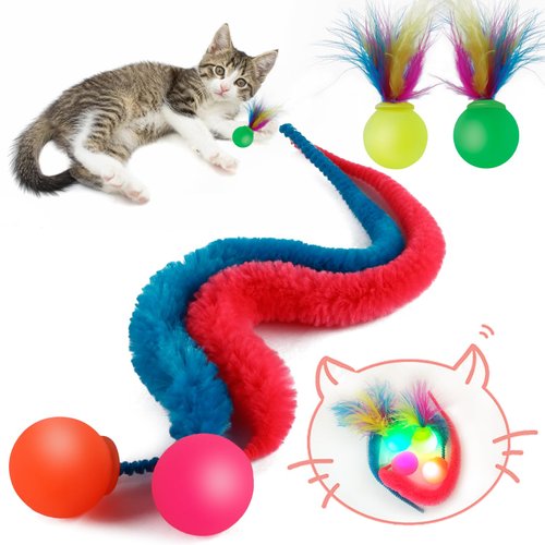 SHENGSEN Mixed Flashing Bouncy Ball with Tail Cat Toys-4 Pack,Cat Feather Toys for Indoor Cats,Colorful Fuzzy Worm Bouncy Balls Cat Toy
