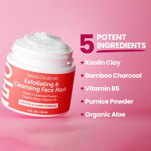 SeoulCeuticals Korean Face Scrub - Exfoliating Face Mask Skincare K Beauty Mask for Glass Skin - Kaolin Clay + Charcoal Cream Exfoliant Mask 2oz