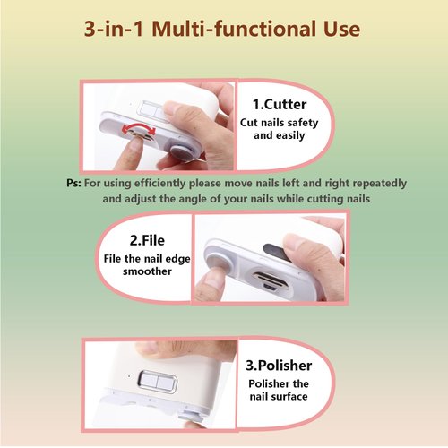 Automatic Nail Clipper, 3 in 1 Electric Nail Trimmer with Polisher & Light, Portable Fingernail Cutter Grinder with Scrap Storage, Rechargeable Safety Manicure for Caregiver, Senior, Kid, Baby