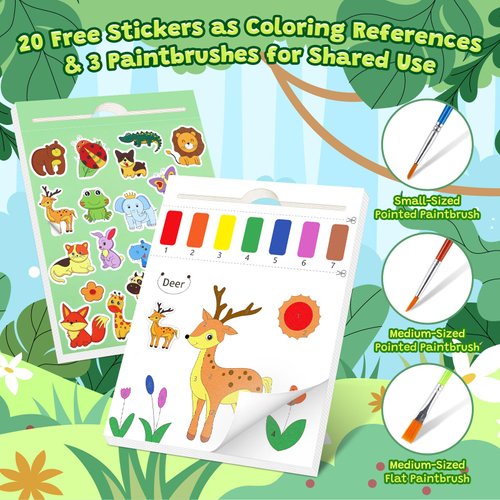 NYPEN Paint with Water Coloring Book for Toddlers, Mess Free Watercolor Painting Books Kit for Kids Ages 2 3 4 5 6, Art Craft Gift for Drawing with Stickers & Brushes, Animals