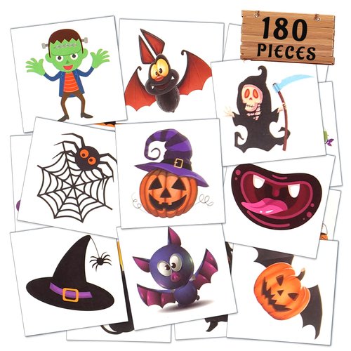 180PCS Halloween Temporary Tattoos for Kids - BASUWU 60 Designs Waterproof Halloween Tattoos Stickers, Kid Tattoos for Girls Boys, Halloween Party Favor Trick or Treat Gift Supplies