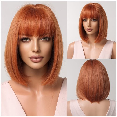 PATTNIUM Ginger Bob Wig for Women Short Orange Bob Wig with Bangs Short Straight Bob Wigs Dark Orange Bob Wigs Synthetic Wig with Wig Cap (Ginger)