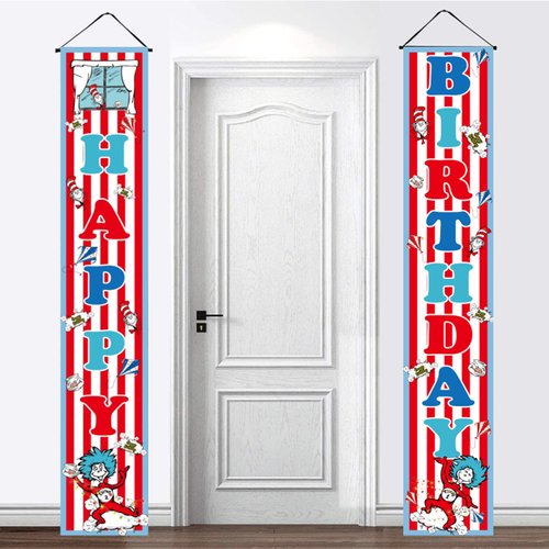 LOONELO Happy Birthday Porch Banner for Dr Seuss with 70.8X11.8 inches, Red and Blue Stripes Cartoon Window Kite Birthday Door Sign for the Cat in the Hat Birthday Party Decorations