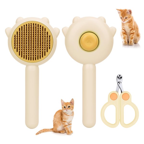 Cat Hair Cleaner Brush, Cat Brushes for Indoor Cats, Self Cleaning Cat Brush with Release Button, Pet Hair Brush for Cats with Circular Cut Hole Cat Nail Clippers (Yellow)