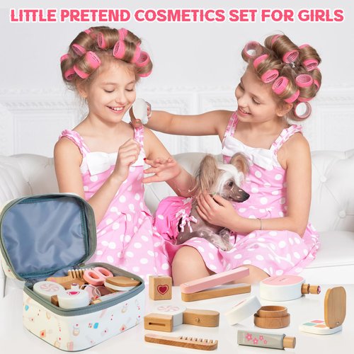 Amtreen Kids Makeup Kit for Girl, Pretend Play for Toddlers 3-5 Wooden Makeup Toy Set, 18 PCS Hair Salon Toys Gifts for 3 4 5 Year Old