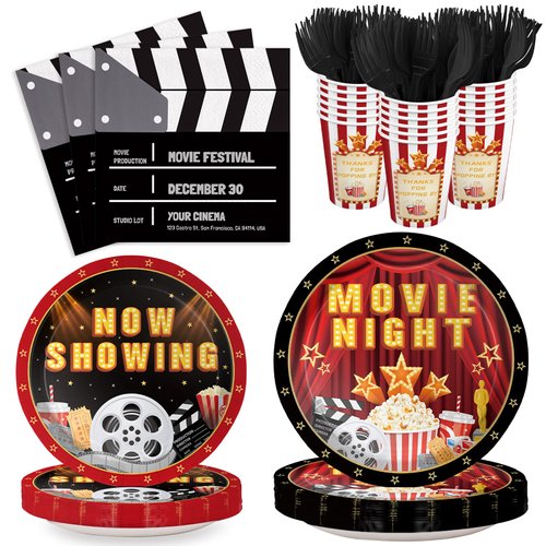 XIENBLOC 120pcs Movie Night Supplies Movie Birthday Party Plates Napkins Now Showing Tableware Set Disposable Paper Cups Movie Night Red Carpet Birthday Party Supplies 24 Guests