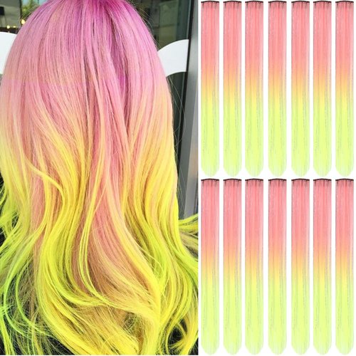 KAGNAL 14Pcs Colored Hair Extensions 14Inch Straight Gradient Color Clip in Hair Extensions Rainbow Party Highlights Synthetic Hairpiece Nice Gift for Girls